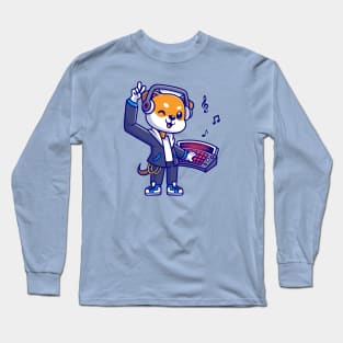 Cute Shiba Inu Dog DJ Playing Music Cartoon Long Sleeve T-Shirt